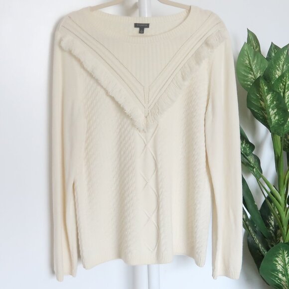 Talbots Cream Fringe Trim Textured Knit Sweater Wool Blend Pullover Size L Large - Picture 2 of 7